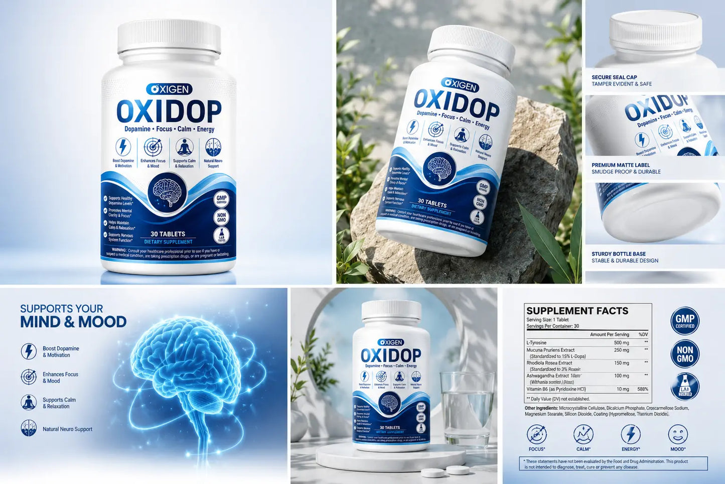Bottle of OXIDOP dopamine support tablets designed to support focus, motivation, mental clarity, calm and cognitive wellness