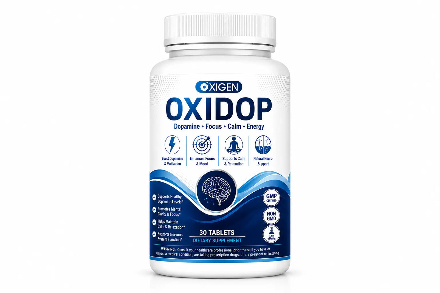 oXIDOP dopamine support tablets bottle – focus, mental clarity, calm, motivation and energy supplement, 30 tablets