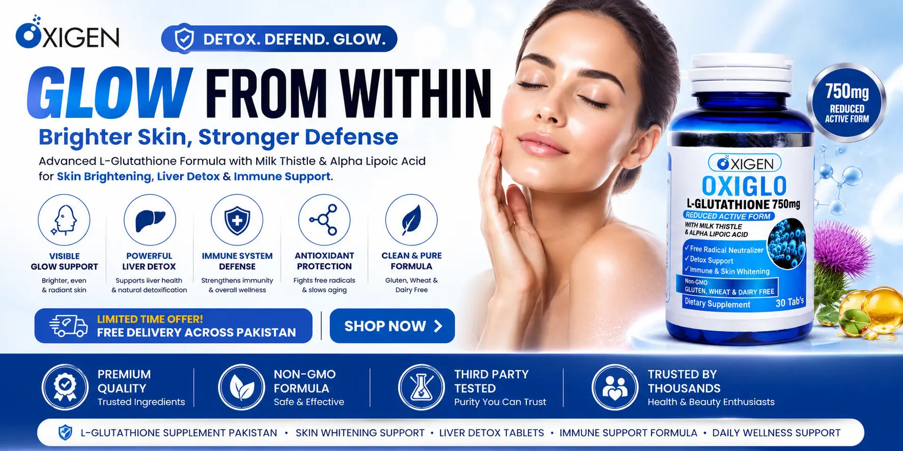 OXIGEN OXIGLO L-Glutathione 750mg supplement banner featuring skin brightening, liver detox, immune support, antioxidant protection, and free delivery across Pakistan.