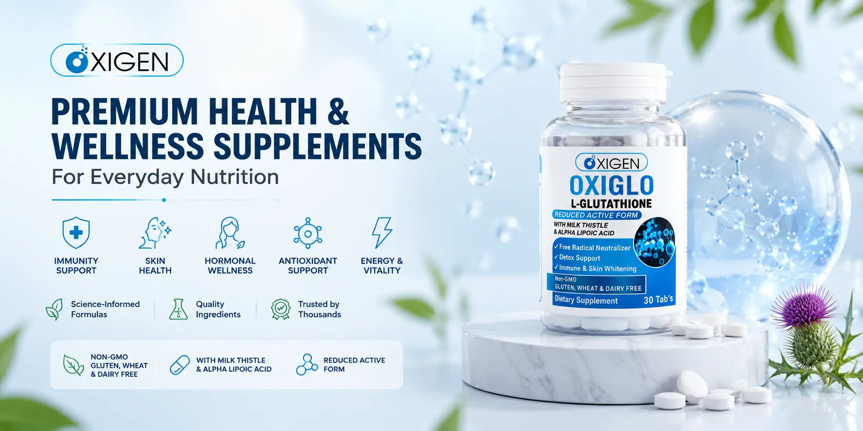 Oxigen OxiGlo L-Glutathione supplement banner featuring antioxidant, skin health, immunity support, and wellness nutrition benefits.